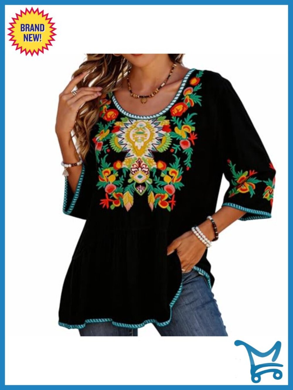Floral Embroidered 3/4 Sleeve Peasant Top Women Plus Size Boho Tunic Blouse